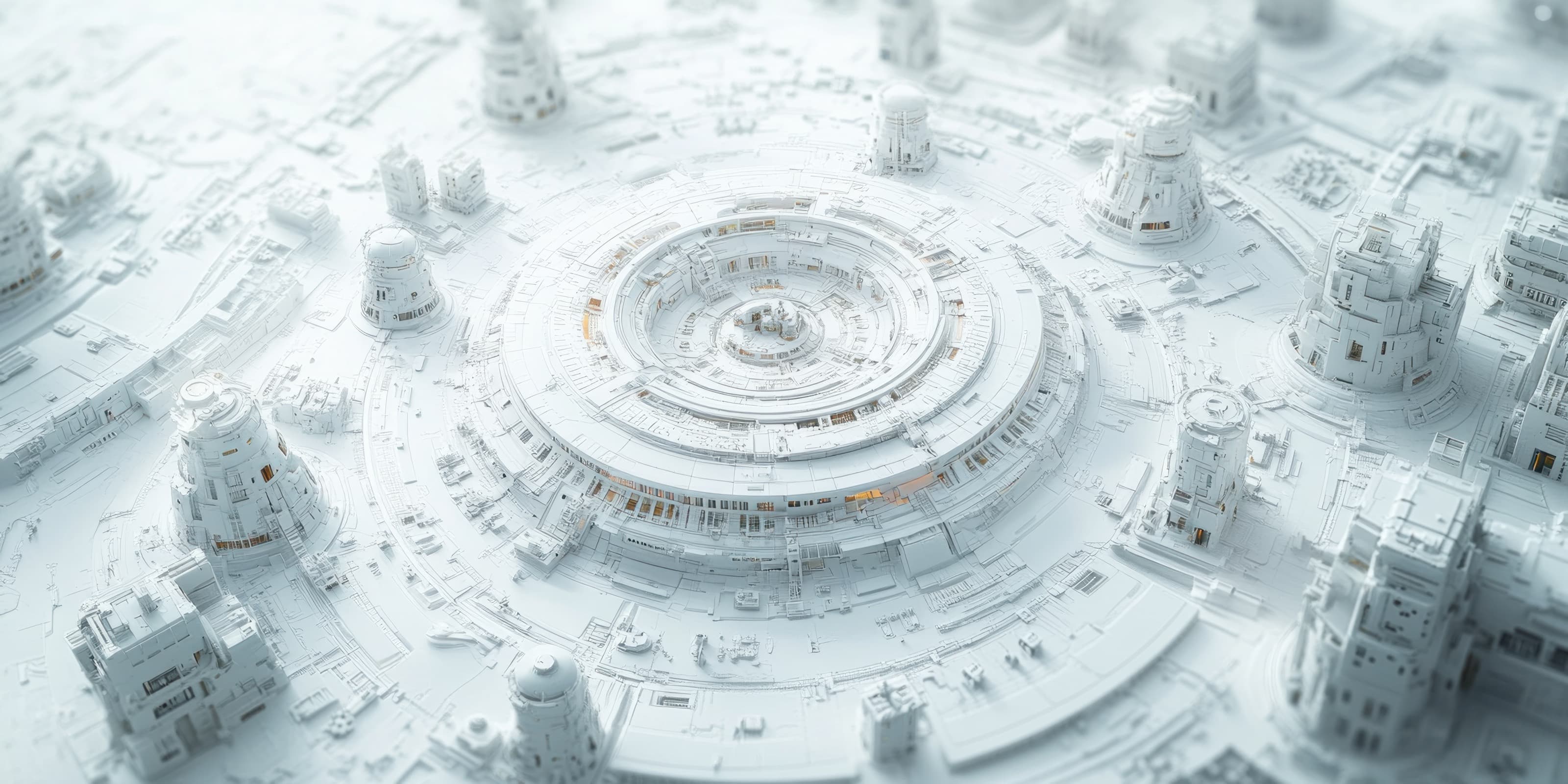 Aerial view of a governed, white futuristic city — a visual metaphor for Agent City